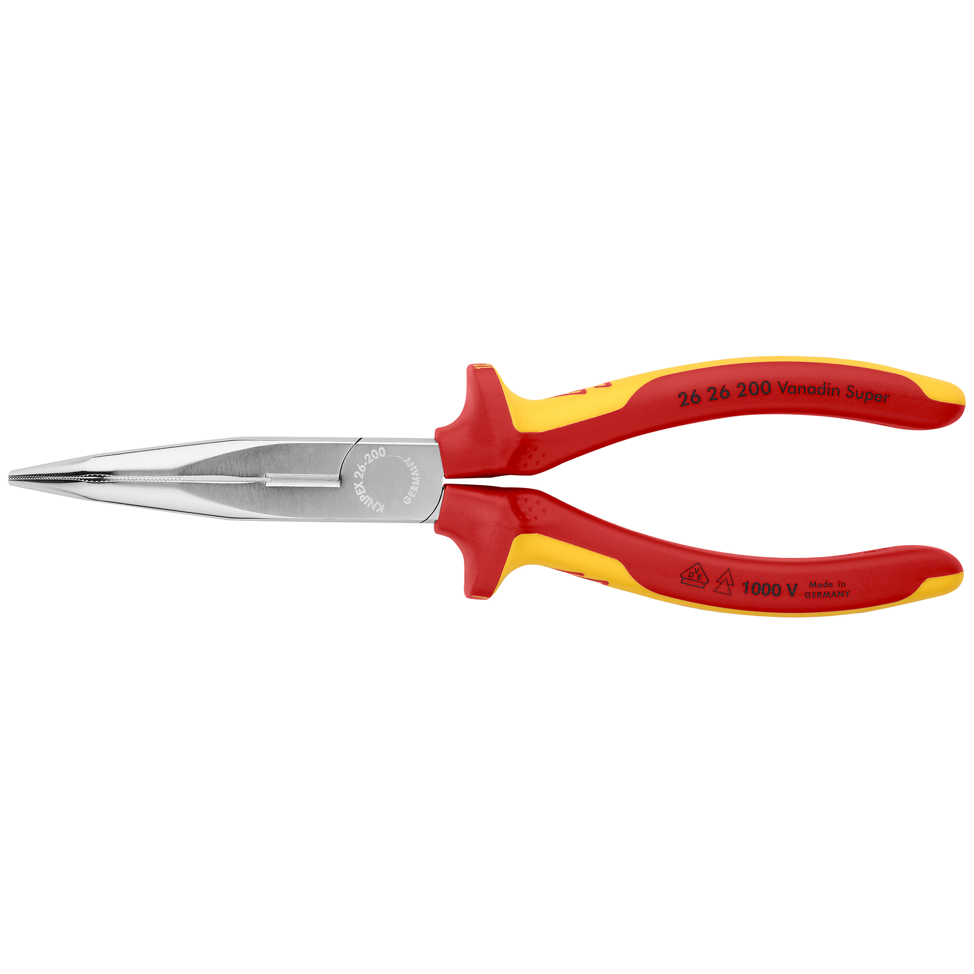 KNIPEX Angled Long Nose Pliers with Cutter - 8in., 1000V, Vanadium Steel, 0.094in. Jaw Capacity, Model# 26 26 200
